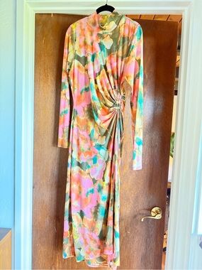 Rails Multicolor Floral Tie-Waist Long Sleeve Dress — Pink, Teal, Gold